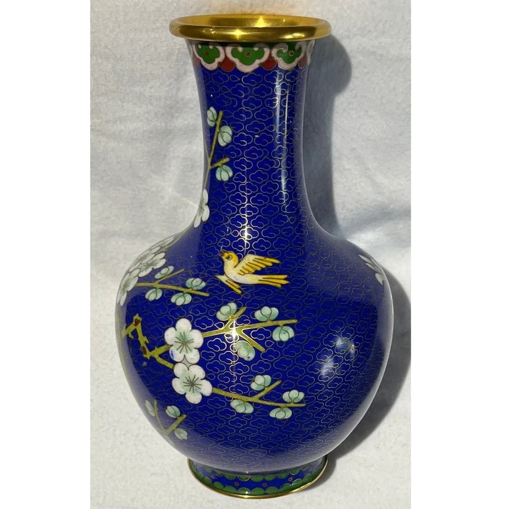 Vintage‎ Chinese Cloisonne Enamel Vase Cobalt Blue Cherry Blossom Bird 8 Inch